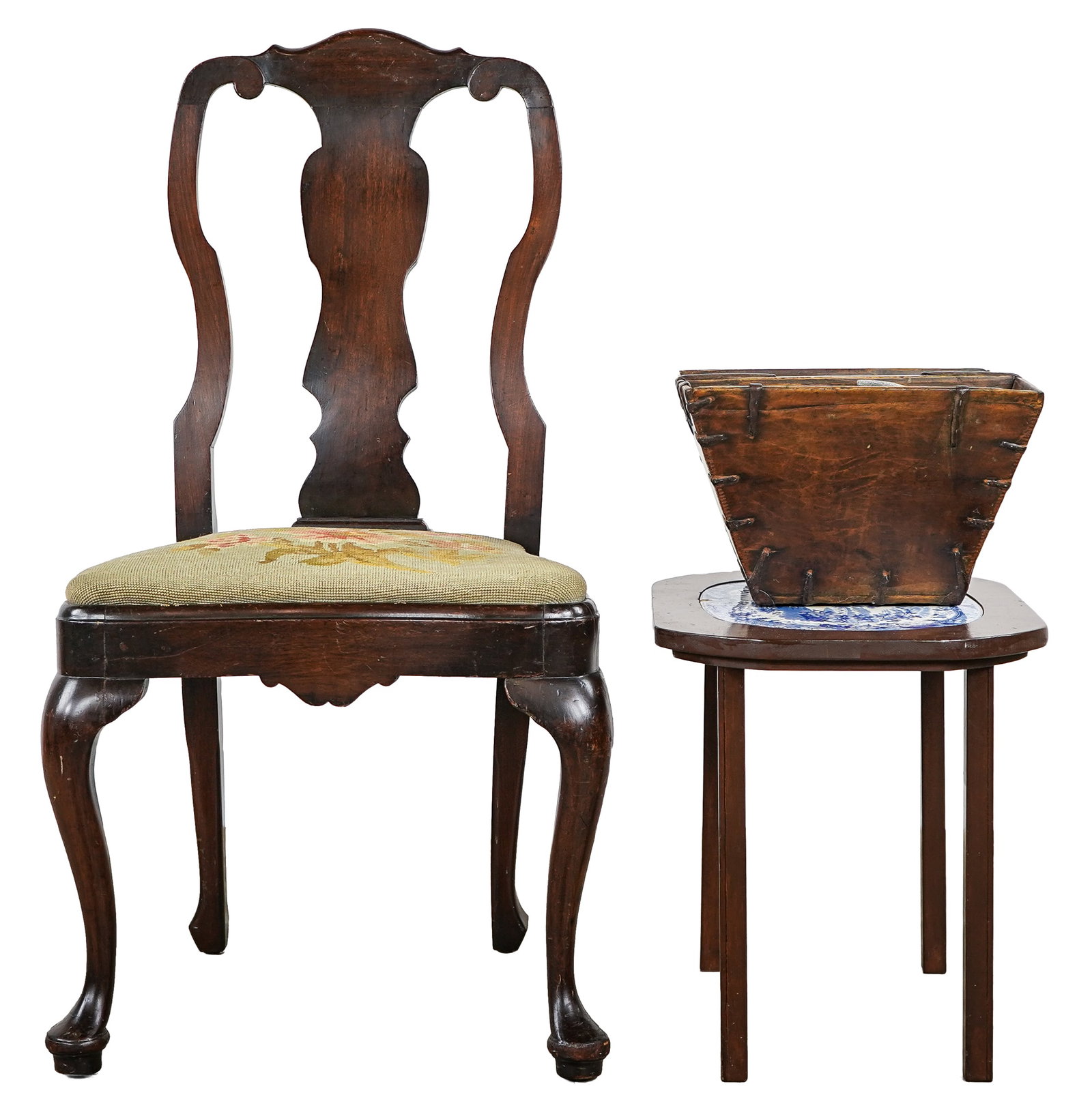 Queen Anne Chair, End Table, Accessories: Estate lot including fine early 20th c. Queen Anne bench made fiddle back side chair with needlepoint seat, custom end table inset with English blue and white transferware panel, 7 cast aluminum ice b