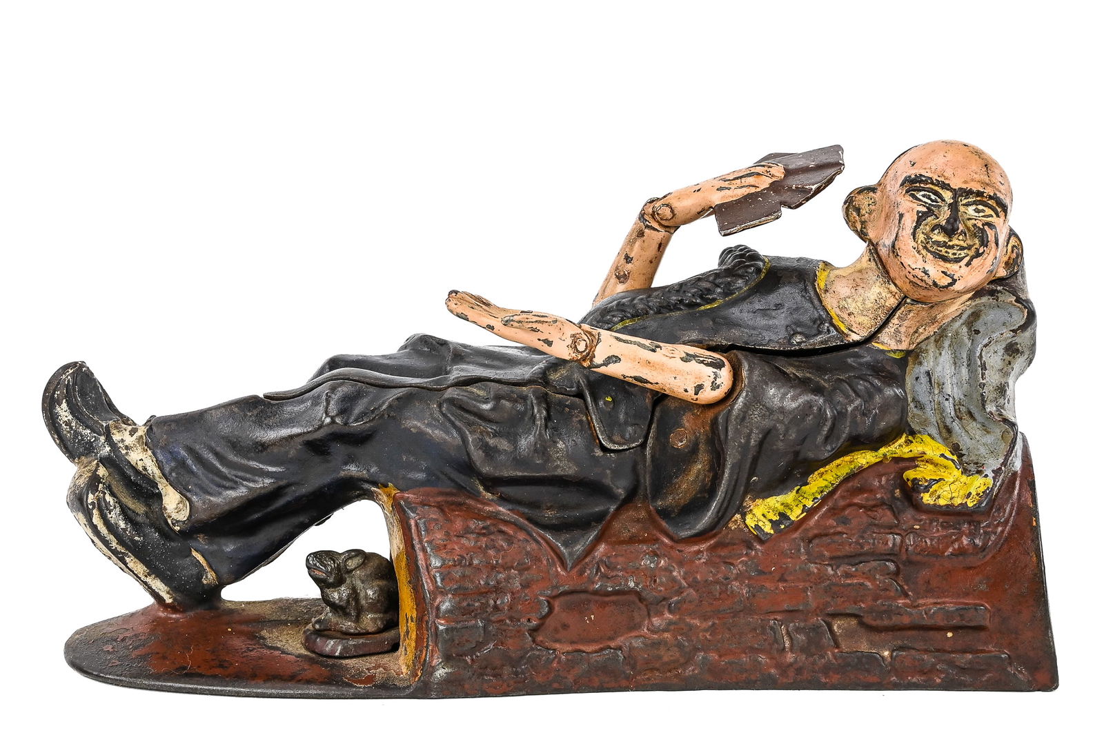 Reclining Chinaman Mechanical Bank: Cast iron mechanical bank by J. & E. Stevens Co., Cromwell, CT, patented 1882. This example is the blue jacket with yellow pants variation. The design depicts a reclining figure inviting a poker game: