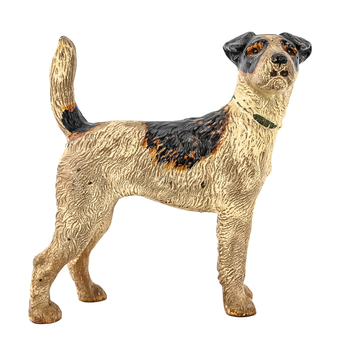 White Terrier Cast Iron Doorstop: Cast iron doorstop depicting a white terrier. Retains original paint in good condition, though surface shows some dirt from age. Approx. 9" H x 6" L.