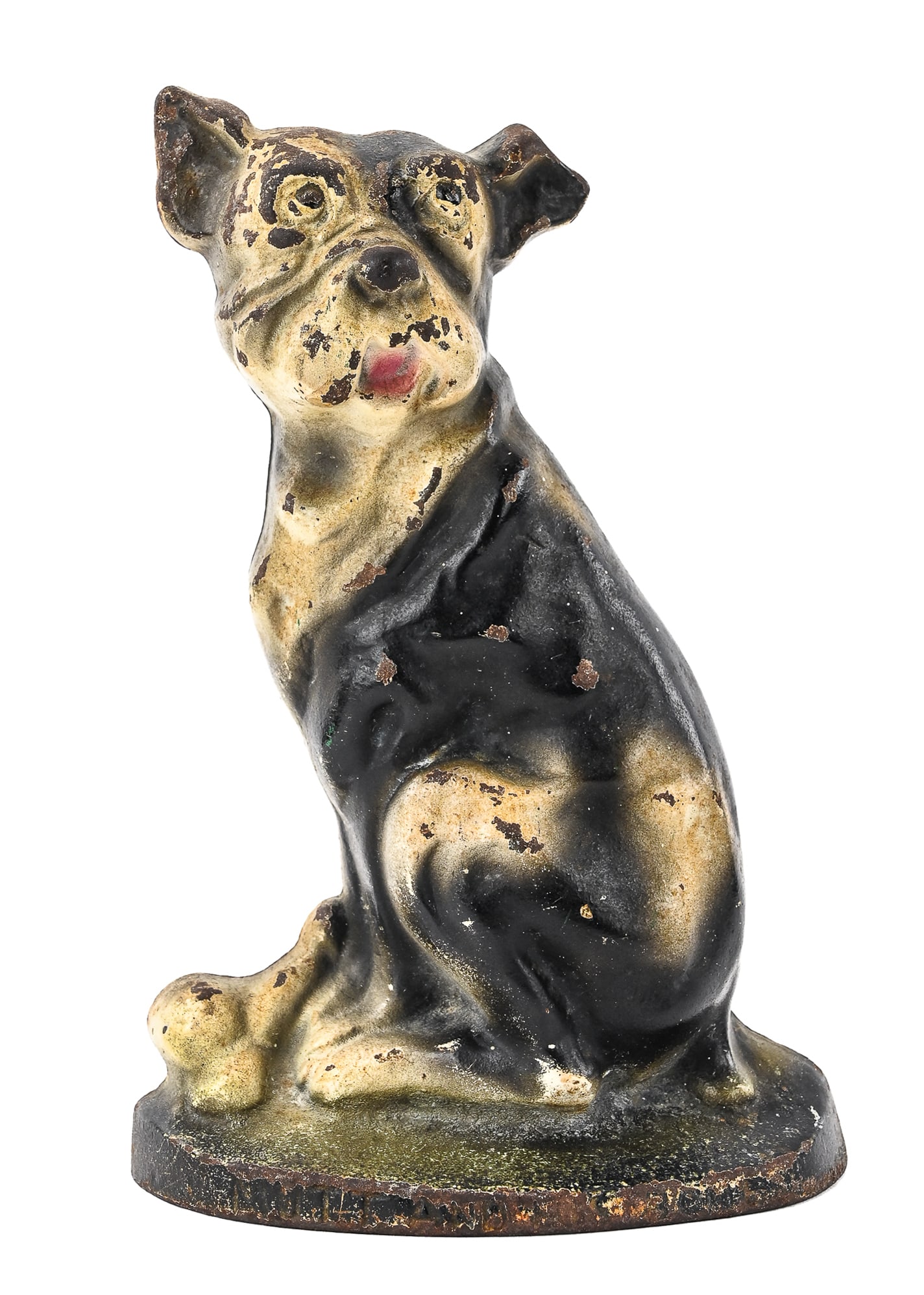 Mutt and Bone Cast Iron Doorstop: Cast iron doorstop titled Mutt and Bone, depicting a Boston Terrier with bone, made by the Creations Company, which operated for only one year in 1930. Measures approx. 8" tall x 5" wide.