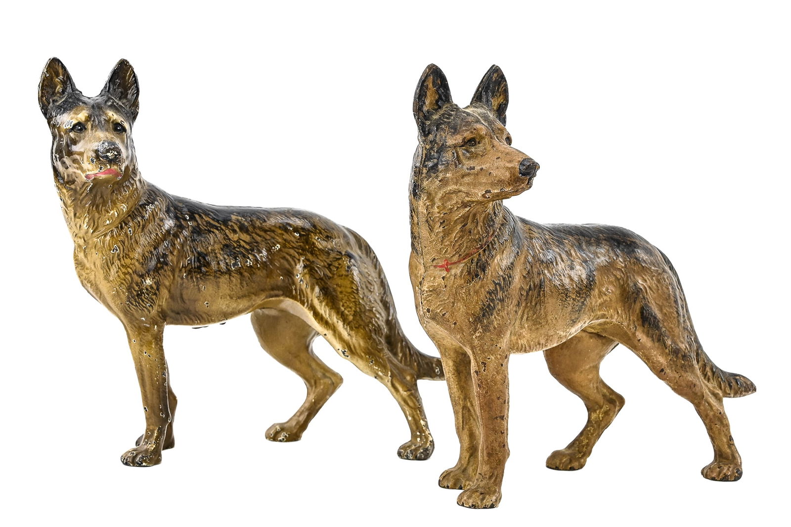 German Shepherd Cast Iron doorstops (Pair): Pair of left-facing German Shepherd cast iron doorstops, likely from the 1930s–40s, possibly Hubley. Retain painted surfaces with age-appropriate wear. Approx. 8" L x 10" T each.