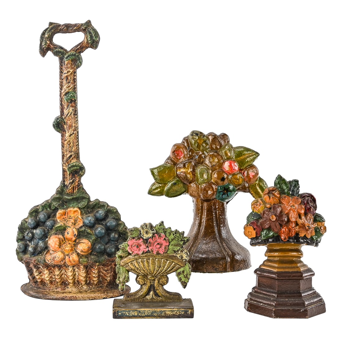 Floral Cast Iron doorstops and Bookends (4 Pieces): Set of four cast iron floral-themed doorstops and bookends, ranging in size from 4" T to 14" T. Retain painted surfaces with age-appropriate wear.