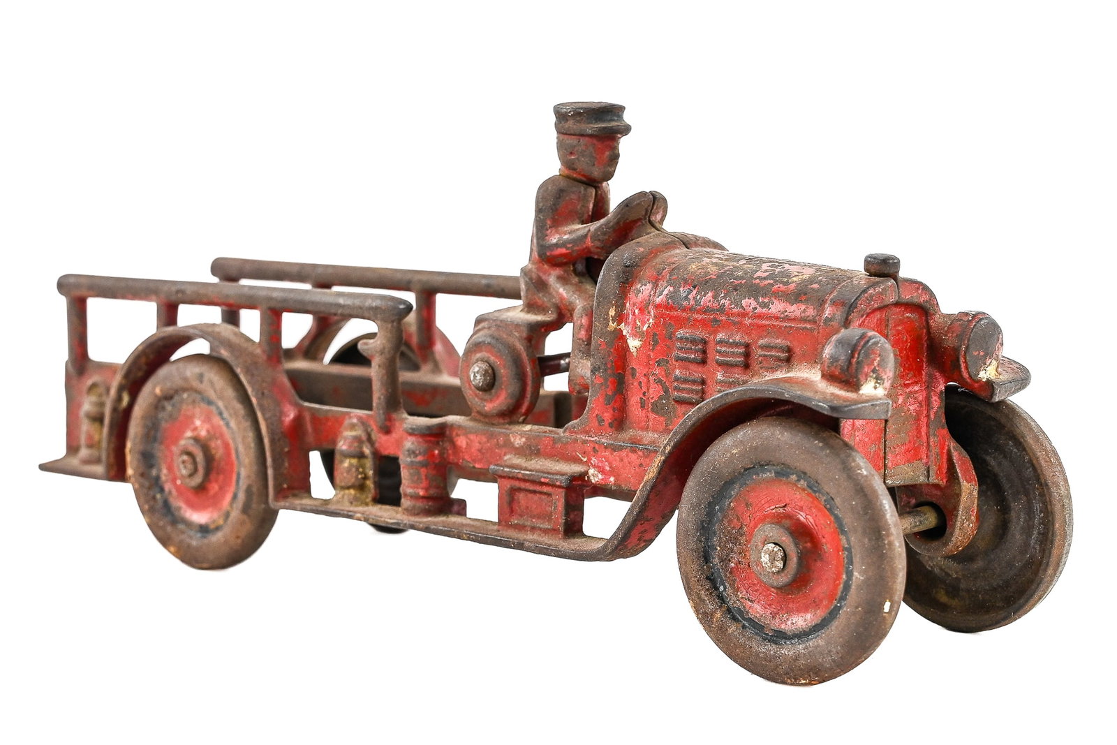 Vintage Cast Iron Fire Truck Bank: Likely Kenton Toys, possibly Hubley, cast iron fire truck bank in red. Retains painted surface with age-appropriate wear. Measures approx. 8" L x 4" T.