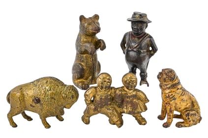 Mixed Cast Iron and Brass Coin Banks (5 Pieces)