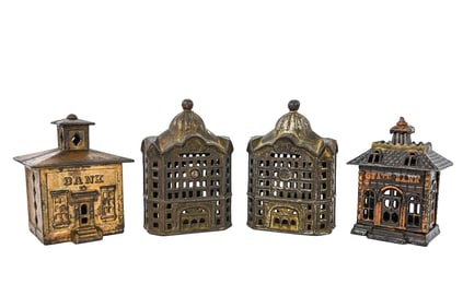 Mixed Cast Iron and Brass Still Banks (4 Pieces)