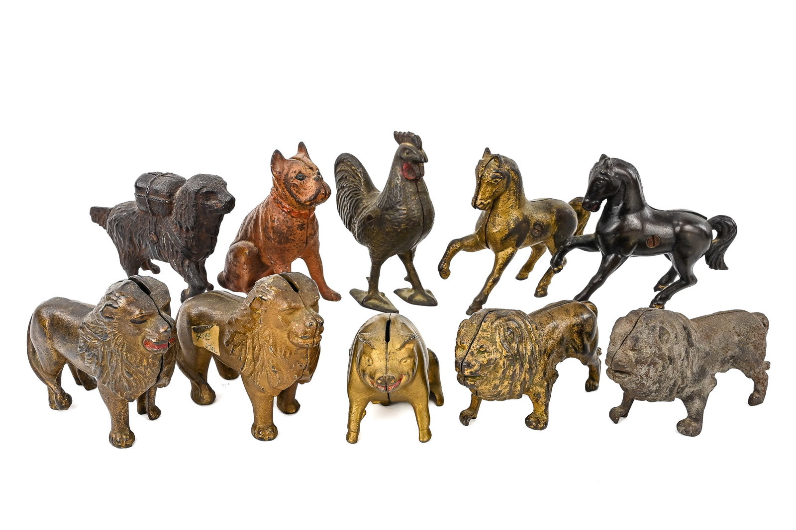 Mixed Cast Iron and Brass Coin Banks (10 Pieces): Group of ten vintage coin banks, all similar in size (approx. 4" x 3"), depicting lions, horses, chickens, and dogs. Retain painted surfaces and patina consistent with age.