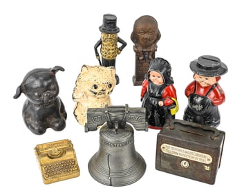 Mixed Still Banks Including Hubley & Novelty Types (9 Pieces)