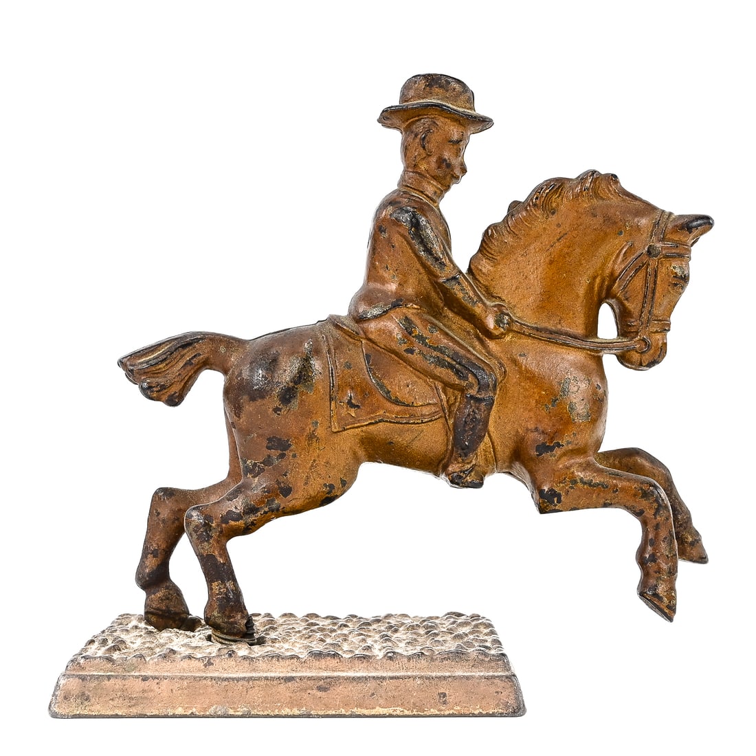Buffalo Bill on Horseback Coin Bank: Cast iron and brass coin bank depicting Buffalo Bill mounted on horseback. Approx. 6" x 6".