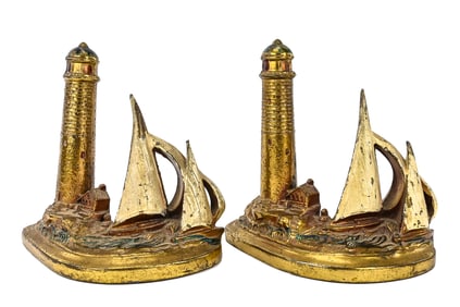 K&O Maritime Gilt Lighthouse and Sailboat Bookends (Pair)