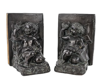 Cherub and Butterfly with Frog Cast Metal Bookends (Pair)