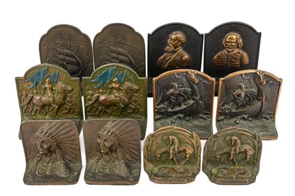 6 Pairs of Cast Metal Bookends – Nautical, Native American, Equestrian & Medieval Themes