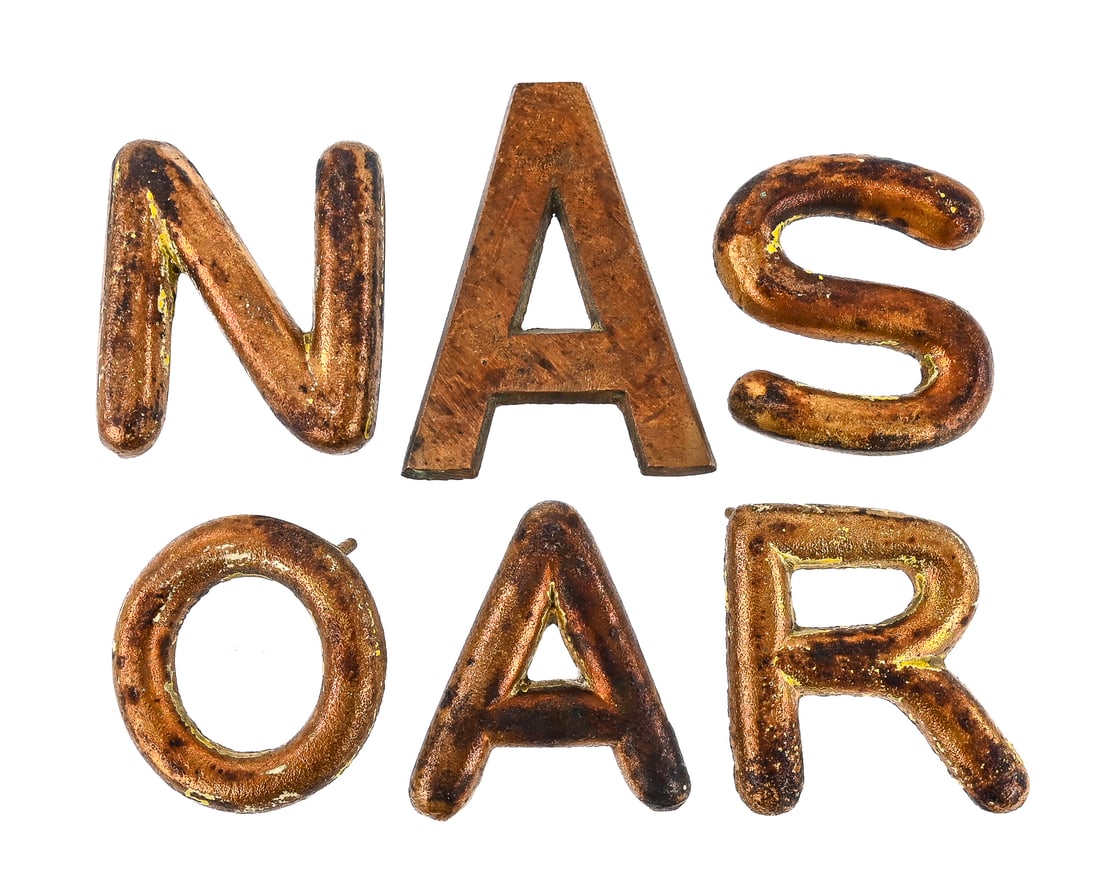 Set of 6 Brass Letter Trivets: Six brass letter trivets, featuring the letters A, A, R, S, O, N (or Z, arrangement flexible). Each letter measures approx. 2.5" T x 2" W.