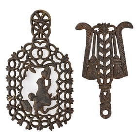 2 Vintage Cast Iron Trivets – Red Riding Hood & Lincoln Mourning Drape