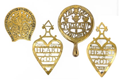 Brass and Cast Iron Trivets with Inscriptions, 4 pcs