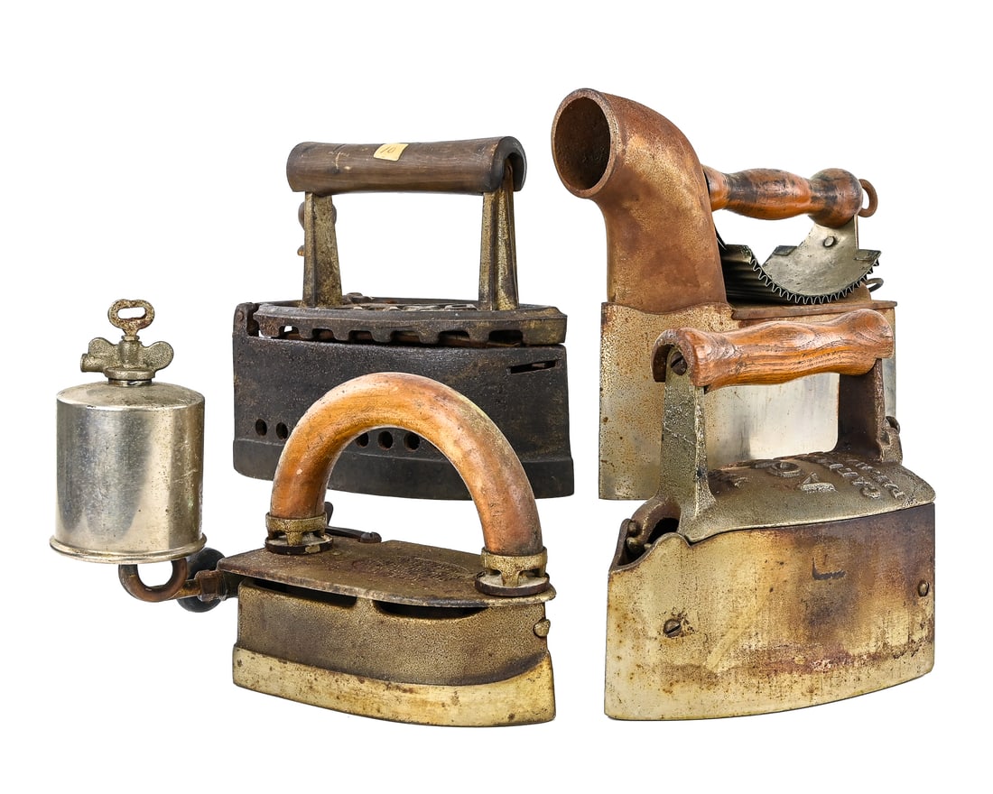 4 Antique Cast Iron Sad Irons – Original Wooden Handles, Various Marks (1 of 13)