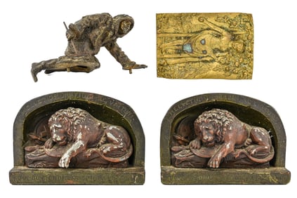 Brass Dish, Cast Iron Bookends & Figural Brass