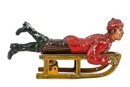 vintage German Hess Tin Toy – Boy on Sled (JLH Marke, 1920s)