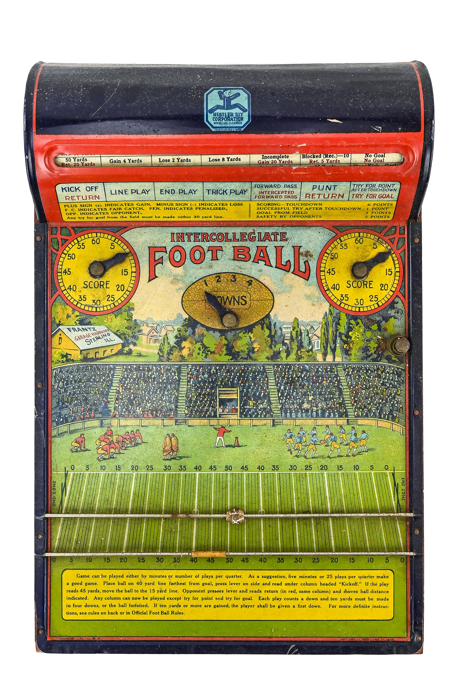Hustler Toy Co. Intercollegiate Football Game: Late 1920s Intercollegiate Football game by Hustler Toy Corporation, featuring functional spinning wheel and button. Measures approximately 9" x 13.5".