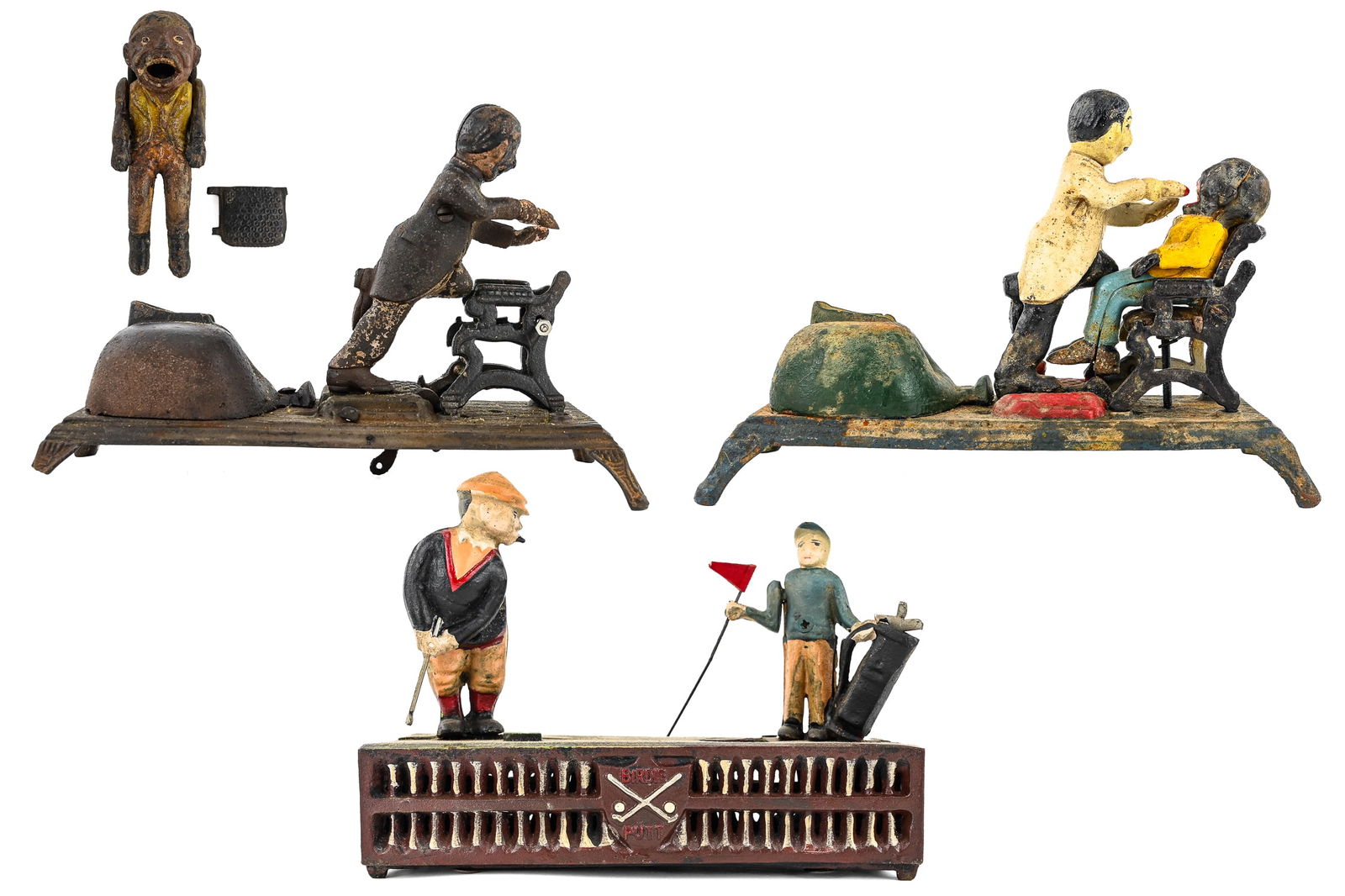 Three Cast Iron Mechanical Banks, Including Two “Dentist and Patient: Group of three cast iron mechanical banks: two examples of the “Dentist and Patient” bank, one marked “The Book of Knowledge” in good working condition and one marked Dental Mfg. Co.,