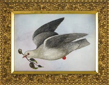19th c Oil on Glass Folk Art Painting of a dove.