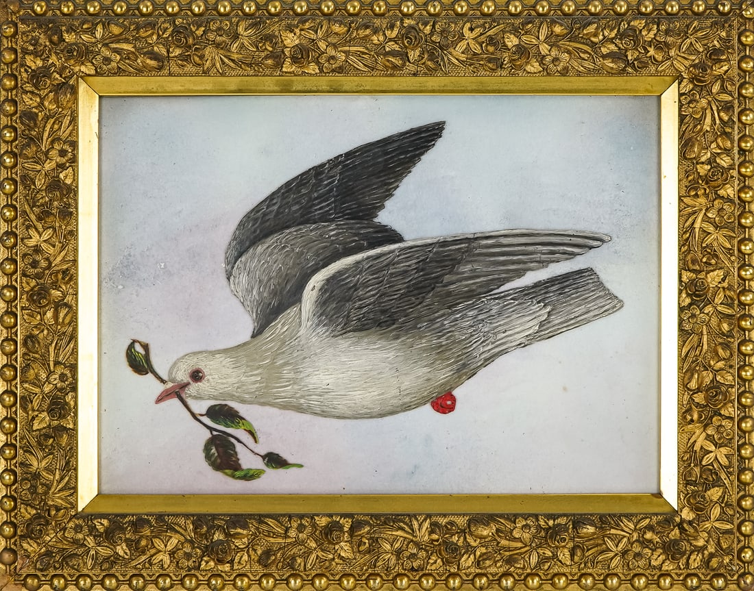 19th c Oil on Glass Folk Art Painting of a dove.: 19th c Oil on glass Folk art painting of a dove 10 x 14" 15 x 18" as framed