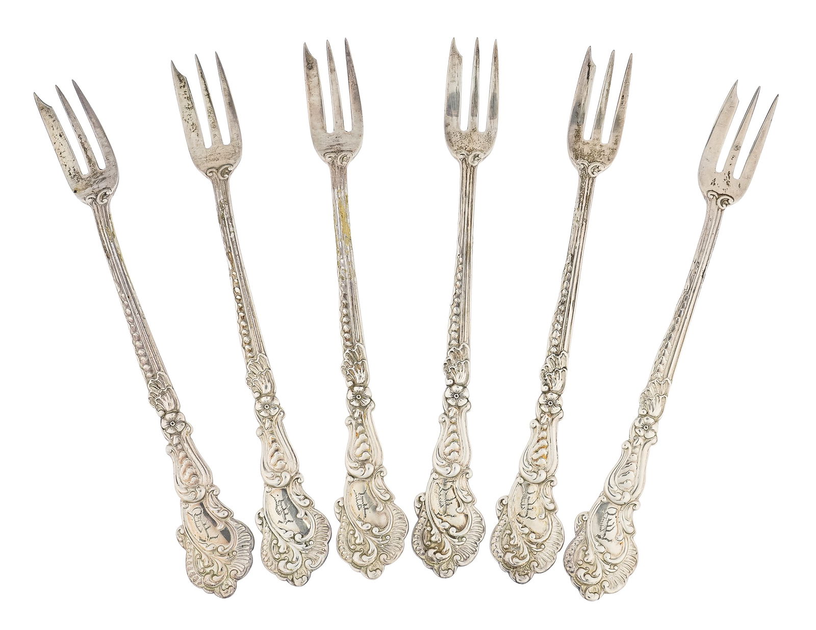 6 Gorham Sterling Hors d'Oeuvre forks: Set of 6 Gorham late Victorian ornate asymmetrical rococo motif sterling silver hors d'oeuvres forks 6" 4.4 ozt.