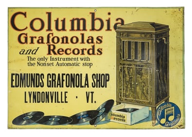 Columbia Grafonolas Lyndonville VT Tin Litho Sign
