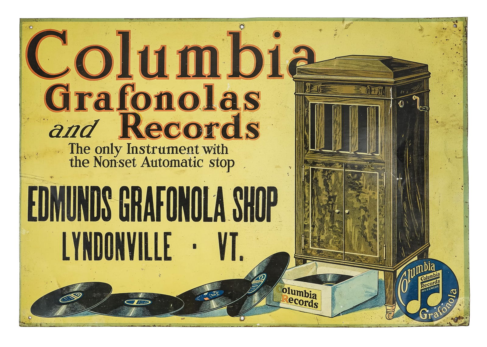 Columbia Grafonolas Lyndonville VT Tin Litho Sign (1 of 4)