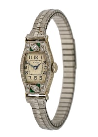 Glycine Platinum, Diamond, & Emerald Art Deco Ladies Wrist Watch