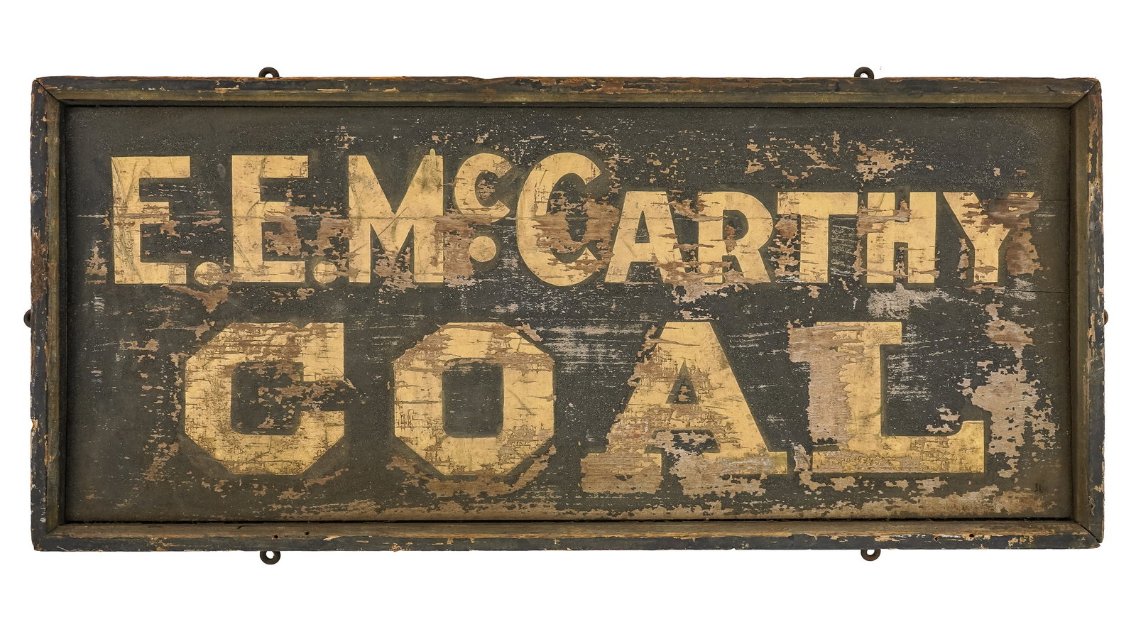 E.E. McCarthy Coal sanded sign as found: EE McCarthy COAL single sided gilt and sanded sign as shown, 17 x 37" losses and corrosion to surface.
