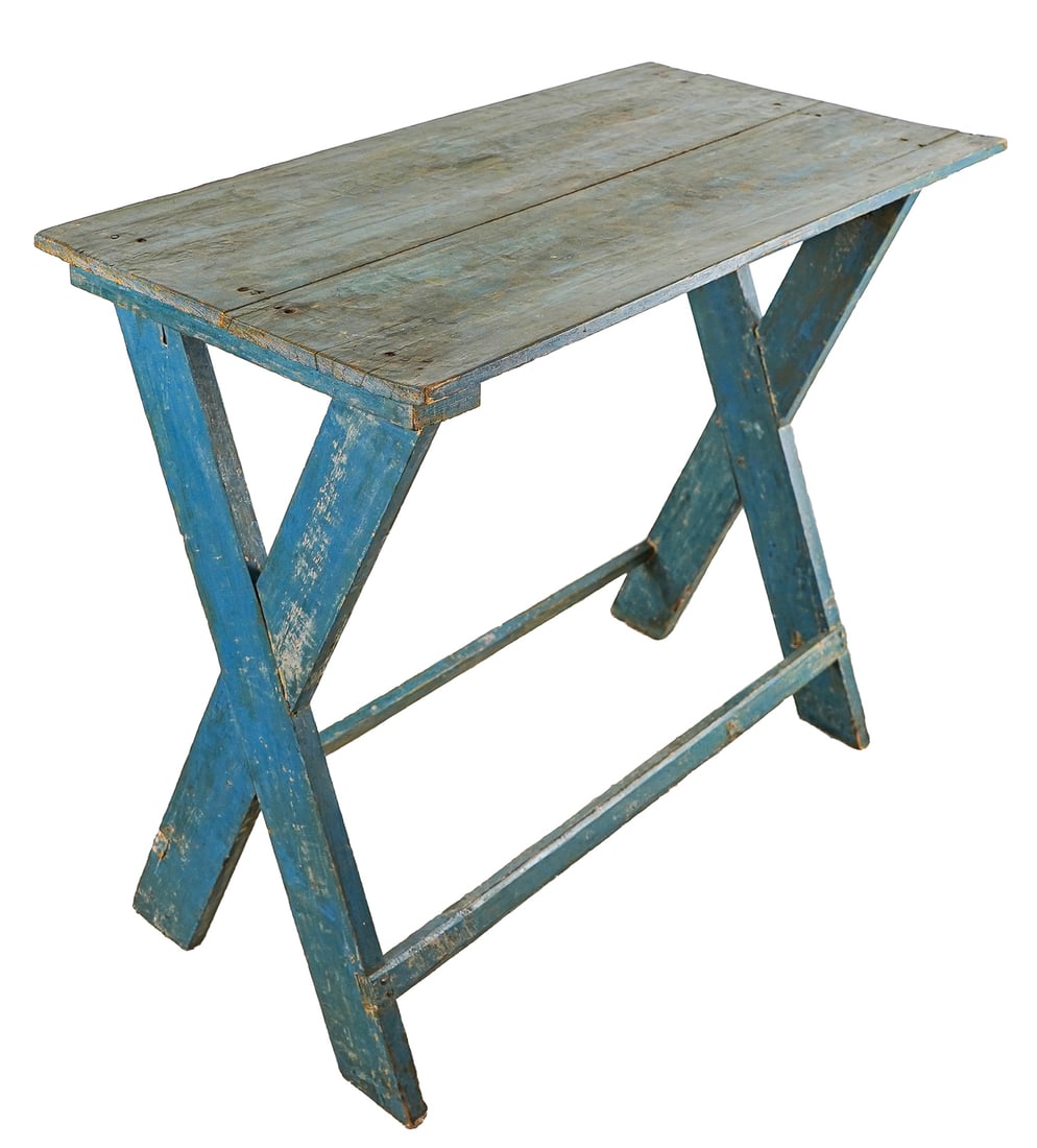 19th c Primitive Sawbuck table in Original Blue Paint (1 of 4)