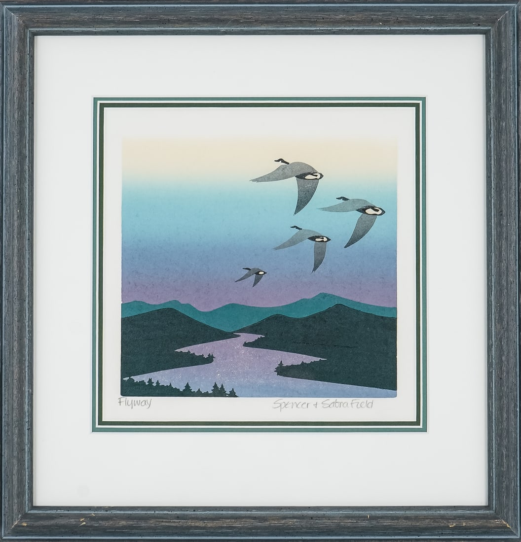 Sabra Field (VT 1935-) Flyway: Sabra Field (Vermont 1935-) Flyway - woodblock on paper signed lower margin - Plate 8.5 x 8.5" 17 x 17" as framed. Among the most highly lauded artists in the state, Field was named “an Extraordinar