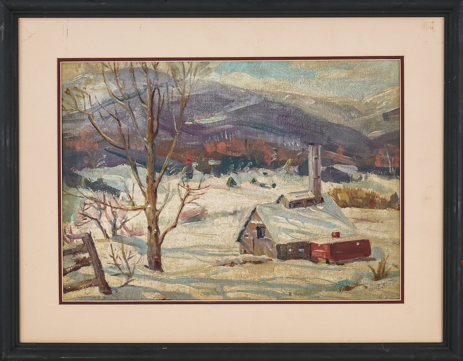 Harold Thresher (VT 1918-2006) Sugar house Braintree: Harold Thresher (Vermont 1918-2006) Sugar House on Braintree Hill oil on board - Identified reverse 12x16" 16 x 21" as framed. Thresher attended the Massachusetts School of Art and Yale School of Fine