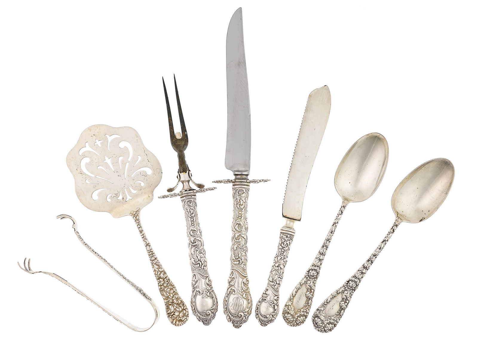 7 pcs. ornate Sterling Silver Serving Flatware (1 of 5)