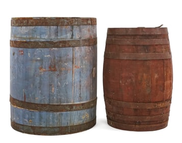 19th c Wooden Barrels in Old Blue, Red Paint