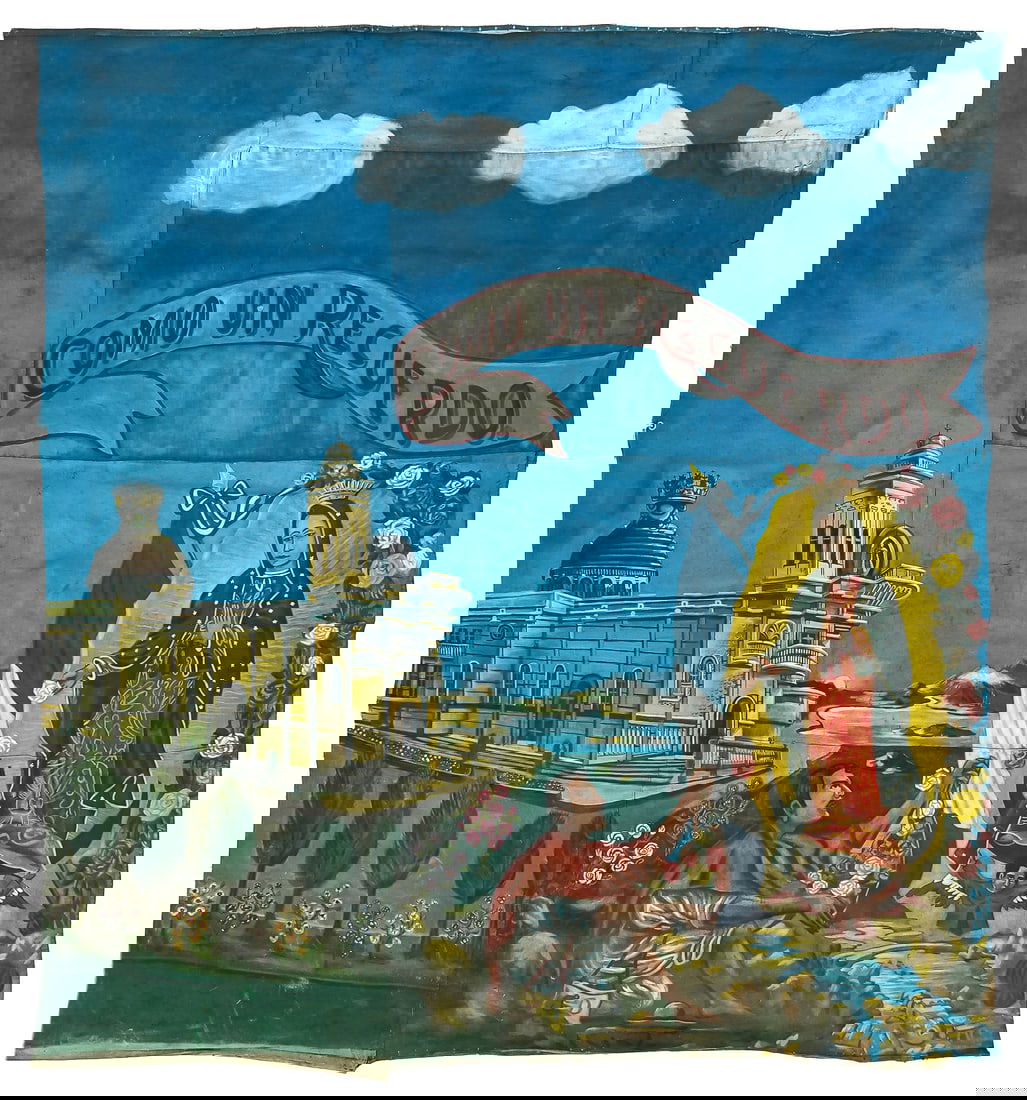 Mid 20th c Guatemalan Photo Backdrop with Blessed Virgin: Mid 20th c Guatemalan photo backdrop with colonial building and backdrop with the Blessed Virgin " Como un Recuerdo" (As a Souvenir, Like a Memory). oil on canvas unstretched and reinforced as a hangi