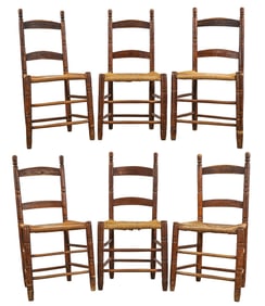 19th c Set of six turned country rush seat chairs