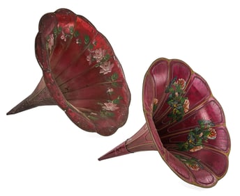 Two Red Morning Glory Phonograph Horns