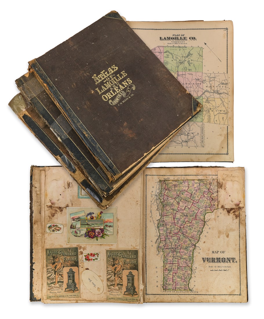 3 Beers Atlas of Lamoille & Orleans Counties VT: A group of 3 bound Atlas of Lamoille & Orleans Counties Vermont. F. W Beers & CO. Rough binders and boards, maps appear complete and in good condition.