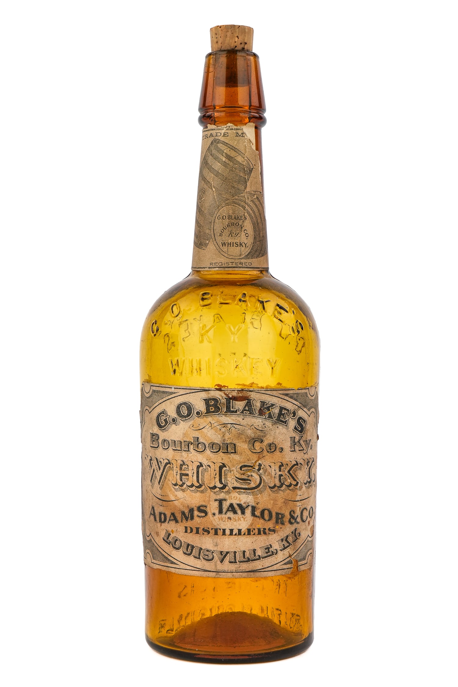 G O Blake's Ky Whiskey Bottle: G O Blake's Ky whiskey bottle with original label, light amber color, excellent overall condition, ht 11 1/4"