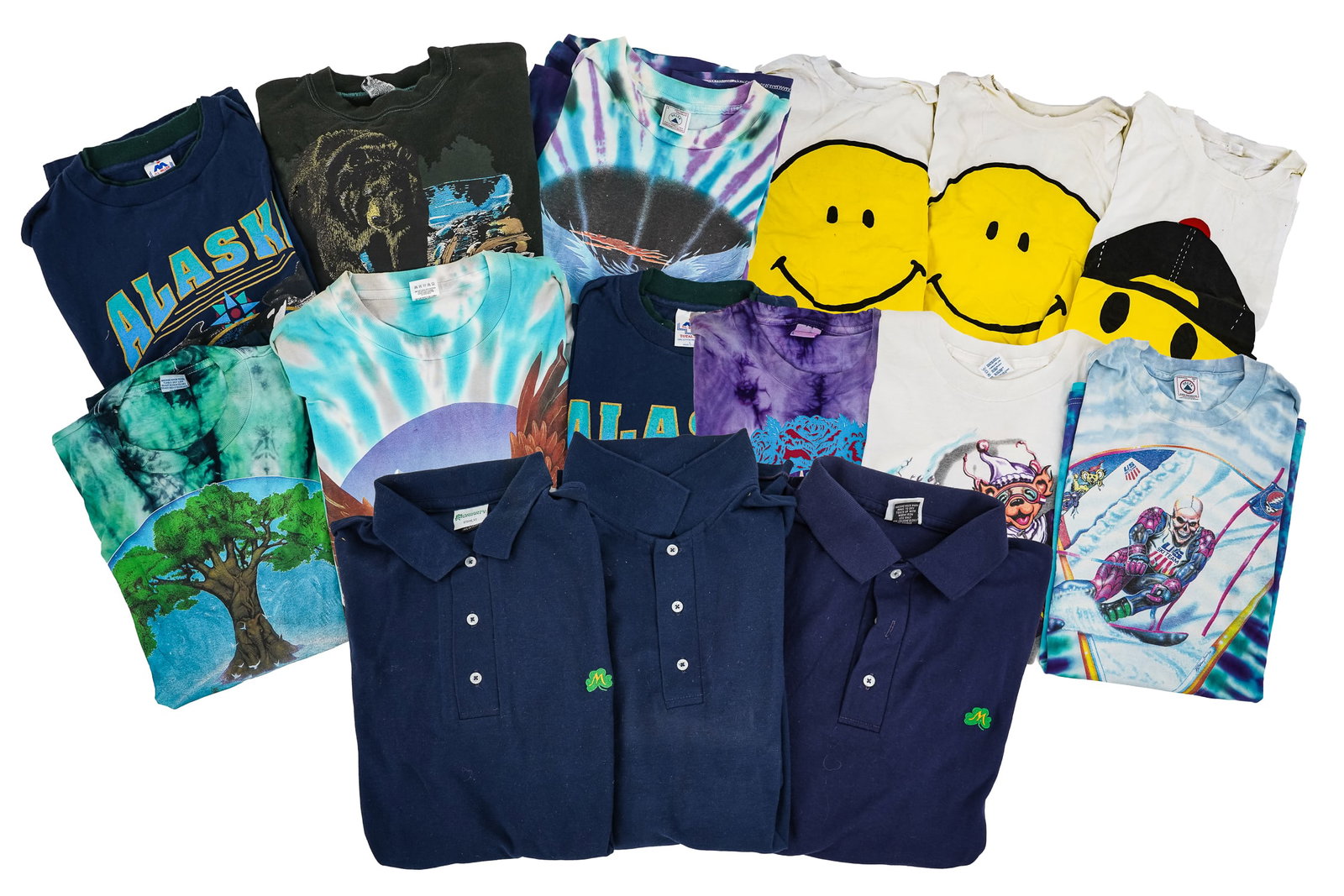 NOS T-shirts including Grateful Dead: Group of NOS Vintage t-shirts including ca. 1994 US Ski Team and Snowboarding with Grateful Dead imagery, Other circa 1990 Vintage hippie /new age t-shirts with tie dye decoration, Alaska Tourism shir