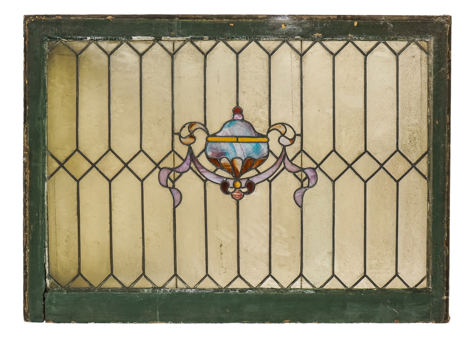 19th c Stained Glass panel: 19th c Stained glass panel with central urn/bunting motif 30 x 42"