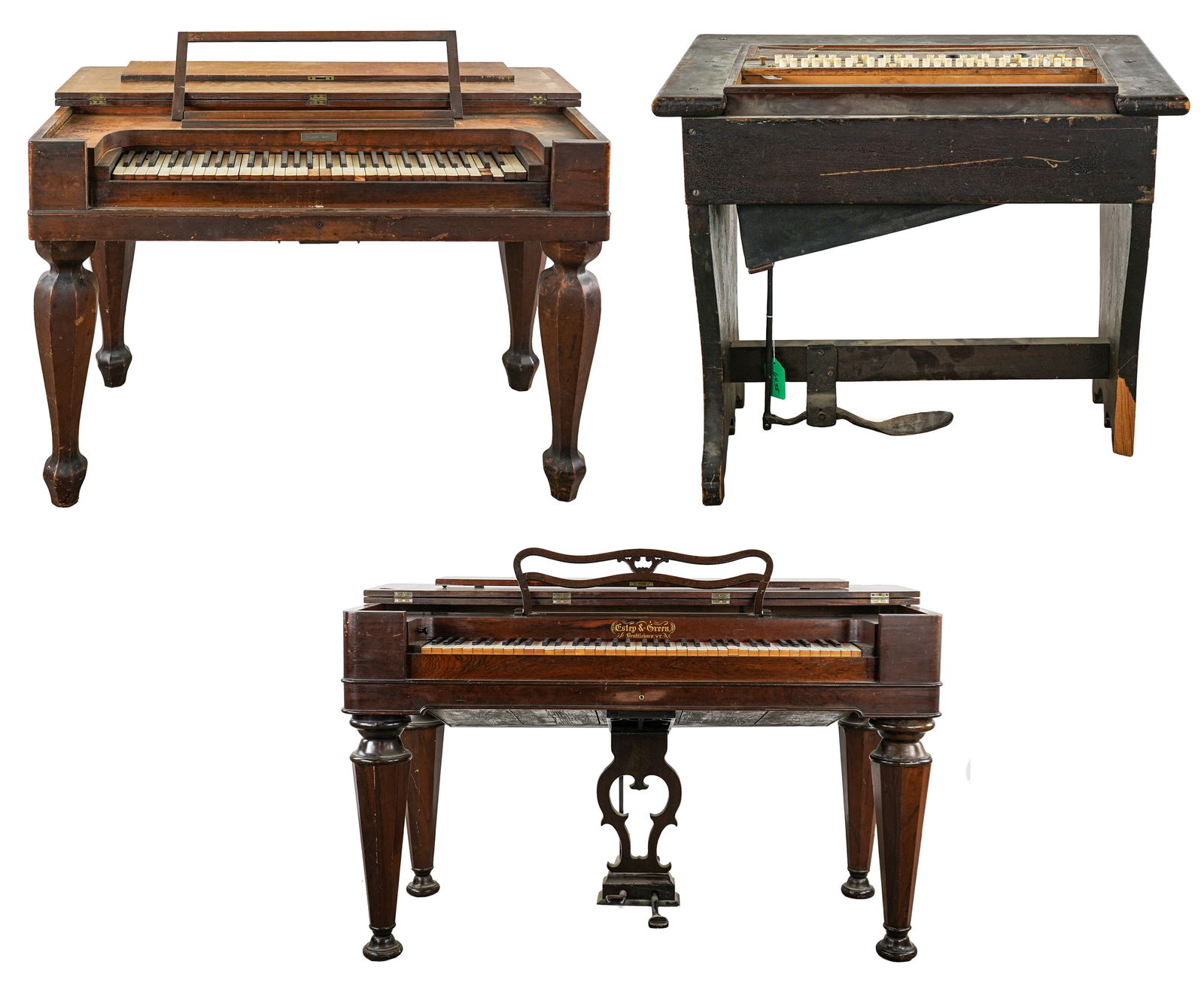 Three 19th c Melodians: Three 19th c Melodions including Esty Brattleboro VT and Keene NH organs, all as found- Rosewood veneers, removable octagonal legs, sold to benefit Vermont Historical Society