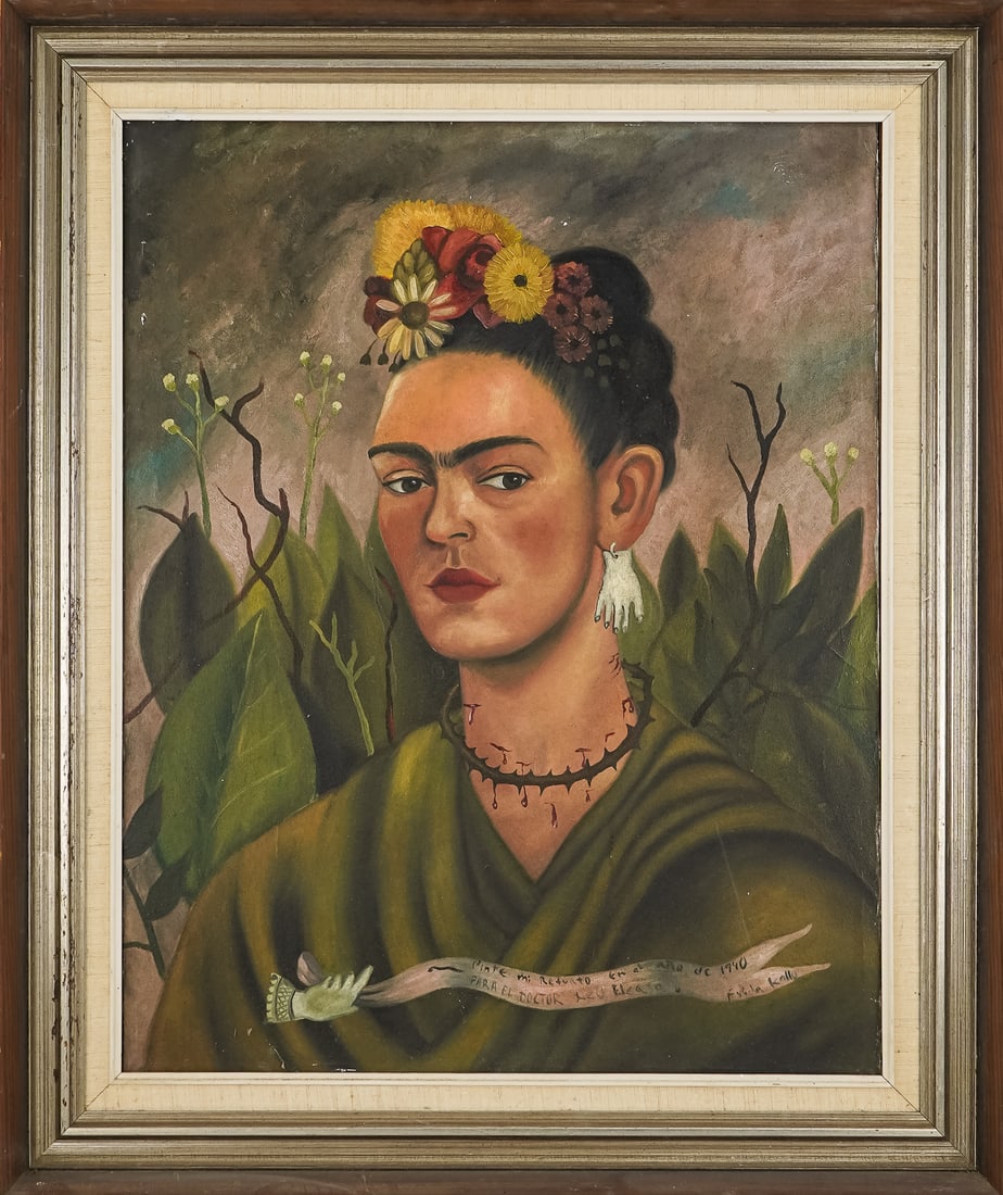 After Frida Kahlo - Self Portrait 1940 II: Mid 20th c oil on canvas portrait after Frida Kahlo (Mexican 1907-1954) Self Portrait 1940 II - 30 x 24" 31 x 37" as framed. From the Estate of artists Anne Parker-Neal and Avon Neal who were active i
