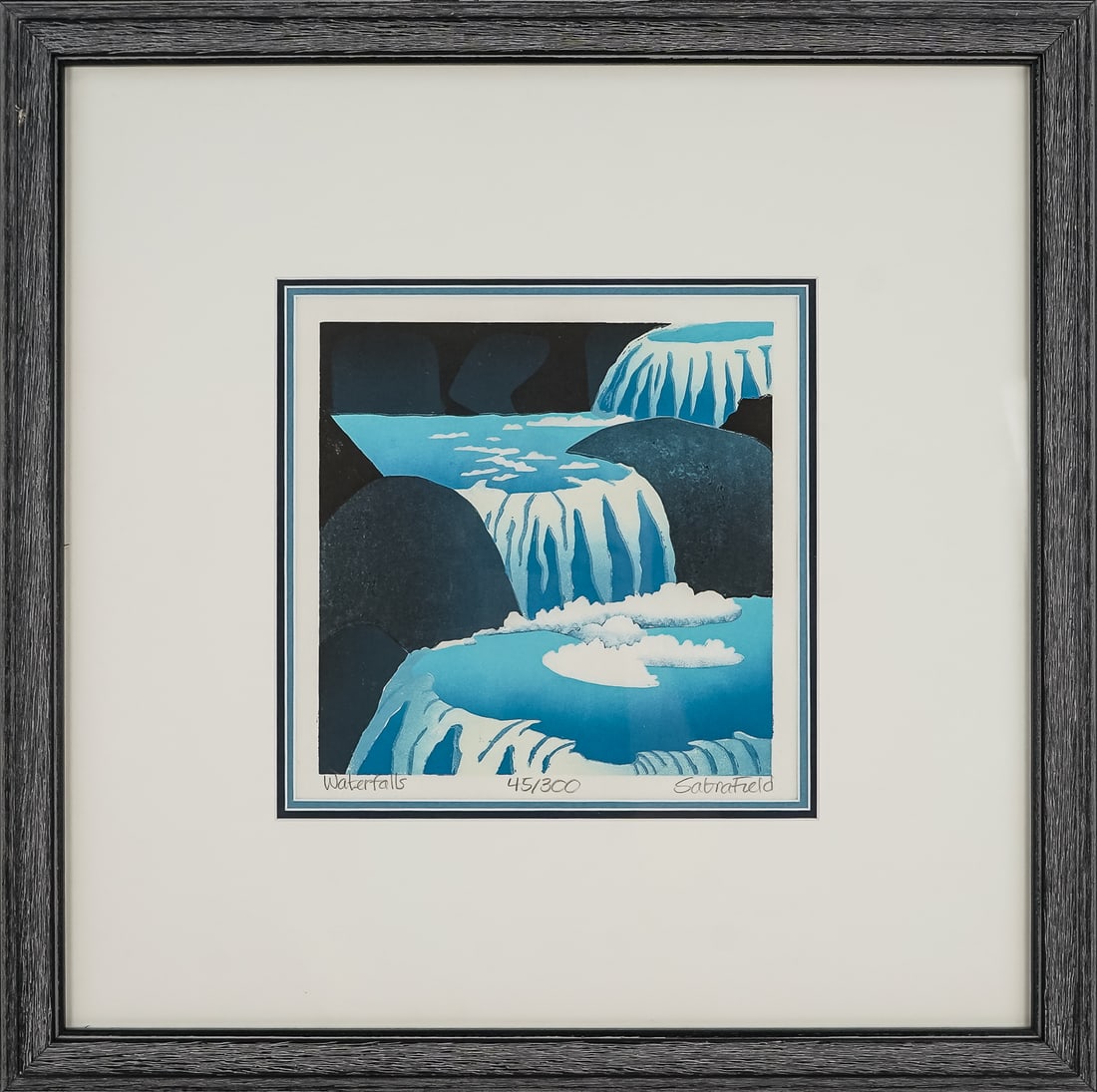 Sabra Field (VT 1935-) Waterfalls: Sabra Field (Vermont 1935-) Waterfalls signed identified editioned lower margin 45/300 8 x 8" 20 x20" as framed. Among the most highly lauded artists in the state, Field was named “an Extraordinary 