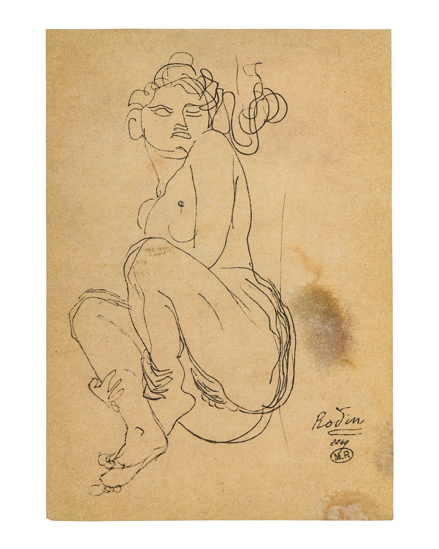 Auguste Rodin (FR 1840-1917) Erotic Etching: Francois Auguste Rene Rodin (French 1840-1917) Auguste Rodin -Erotic drypoint etching on paper showing a female supine figure - Signed in plate and marked with the Musee Rodin MR cartouche- 4.25 x 6"