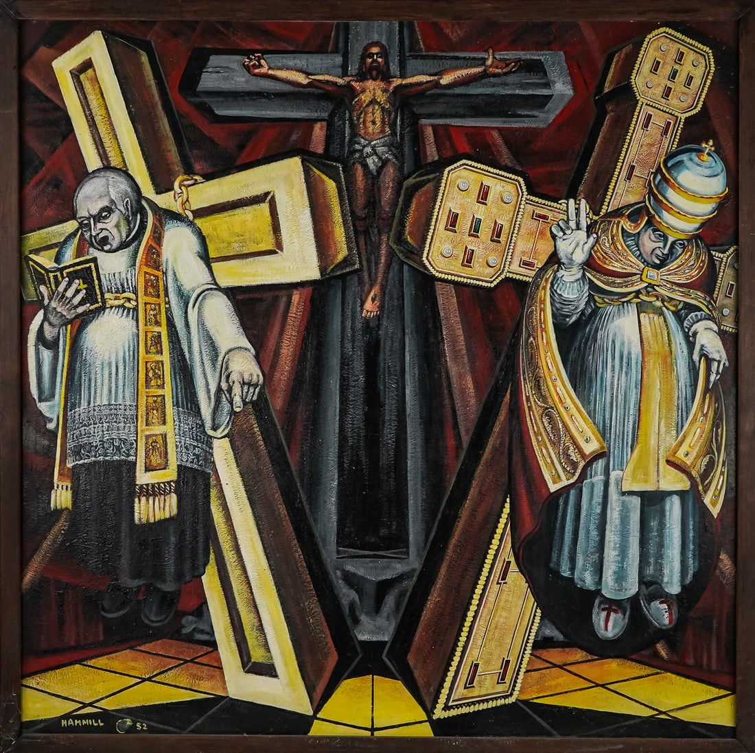 1952 Symbolist Painting signed Hammill: 1952 symbolist painting with priest, pope and Christ signed Hammill from the Estate of Artists Anne Parker Neal and Avon Neal Oil on masonite 49 x 49"