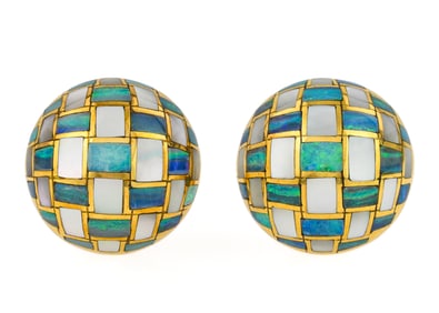 Pair of Tiffany 18k Opal & M.O.P ball earrings.