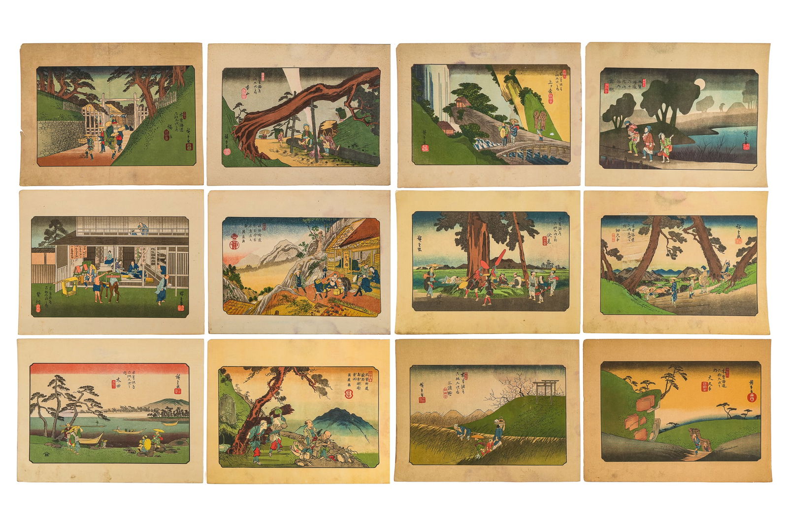 Japanese Ukiyo-e 69 Stations: After Utagawa Hiroshige (1797-1858) and Keisai Eisen (12 pcs) ukiyo-e prints from the series "Sixty-nine Stations of the Kisokaido", some darkened, discolored, each 8 3/4" x 11"