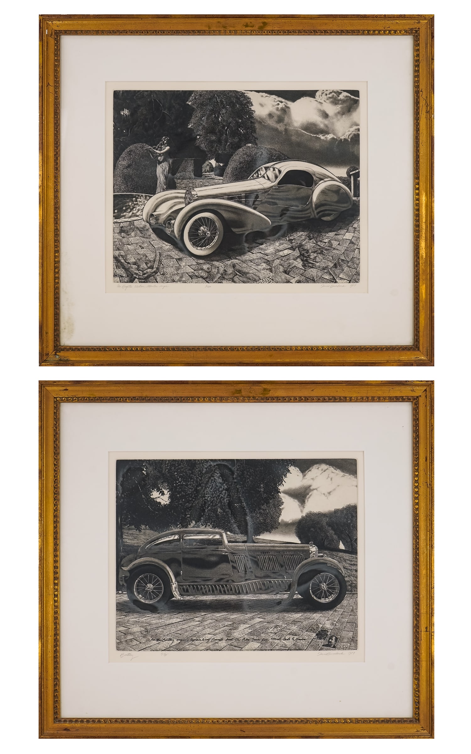 David Bumbeck (VT 1940-) Two Automotive Aquatints: David Bumbeck (Vermont 1940-) Two Aquatints on paper Bentley 3 x 16" 24 x 26 As Framed. and Bugatti Electron Atlantic Coupe 14 x 17" 25 x 28" as framed. Sold to Benefit Burlington City Arts. Trained i